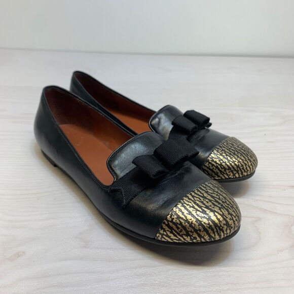 Marc by Marc Jacobs Black Leather Animal Print Gold Cap Toe Ballet Flats Sz 36 - Picture 1 of 10
